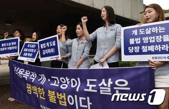 동물권단체 케어&#40;care&#41; 회원들이 12일 오전 서울 서초구 서울중앙지방법원 앞에서 열린 &#39;재래시장 개 도살 고발 기자회견&#39;에서 구호를 외치고 있다. 이날 참가자들은 &#34;개식용은 도살행위 그 자체로서 동물보호법 위반이다＂라며 ＂개식용을 위한 도살 금지를 강력히 촉구한다＂고 밝혔다. 2017.7.12/뉴스1 ⓒ News1 민경석 기자
