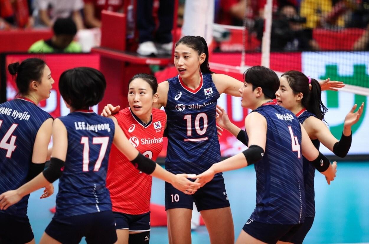 한국여자배구가 16일 월드컵 3차전에서 일본을 꺾었다. 사진=국제배구연맹&#40;FIVB&#41; 제공. ⓒ 뉴스1