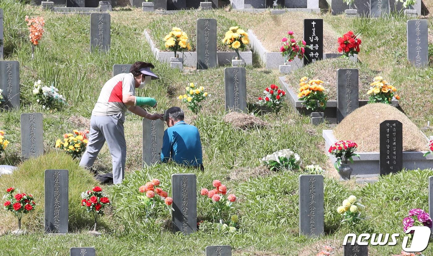 부산 영락공원을 찾은 성묘객들이 벌초를 하며 땀을 닦고 있다. 2020.9.29/뉴스1 ⓒ News1 