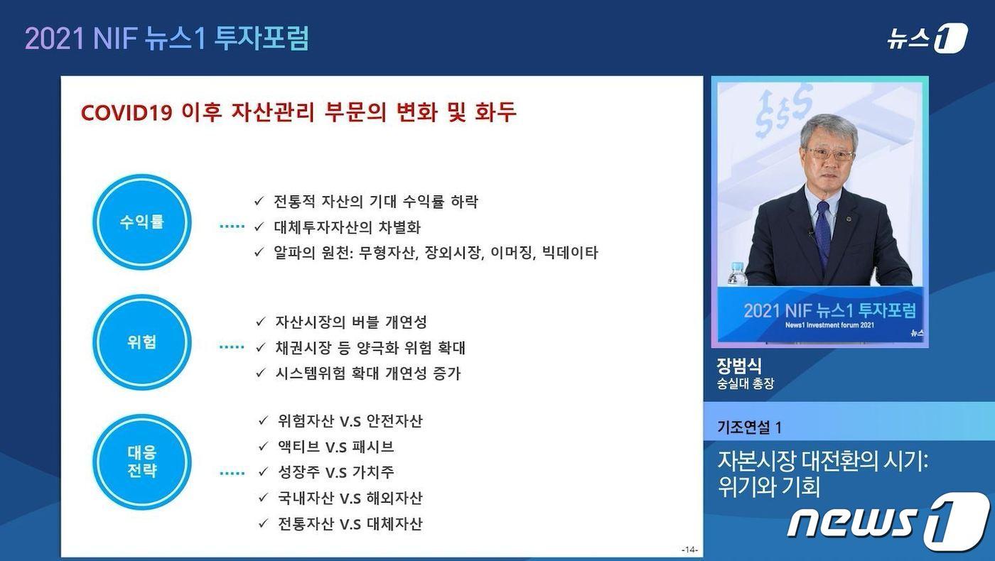 장범식 숭실대학교 총장이 13일 &#39;격동의 금리인상기 투자전략&#39;을 주제로 뉴스1이 개최한 &#39;뉴스1투자포럼&#40;NIF&#41; 2021&#39;에서 &#39;자본시장 대전환의 시기: 위기와 기회&#39;를 주제로 기조연설을 하고 있다.ⓒ 뉴스1