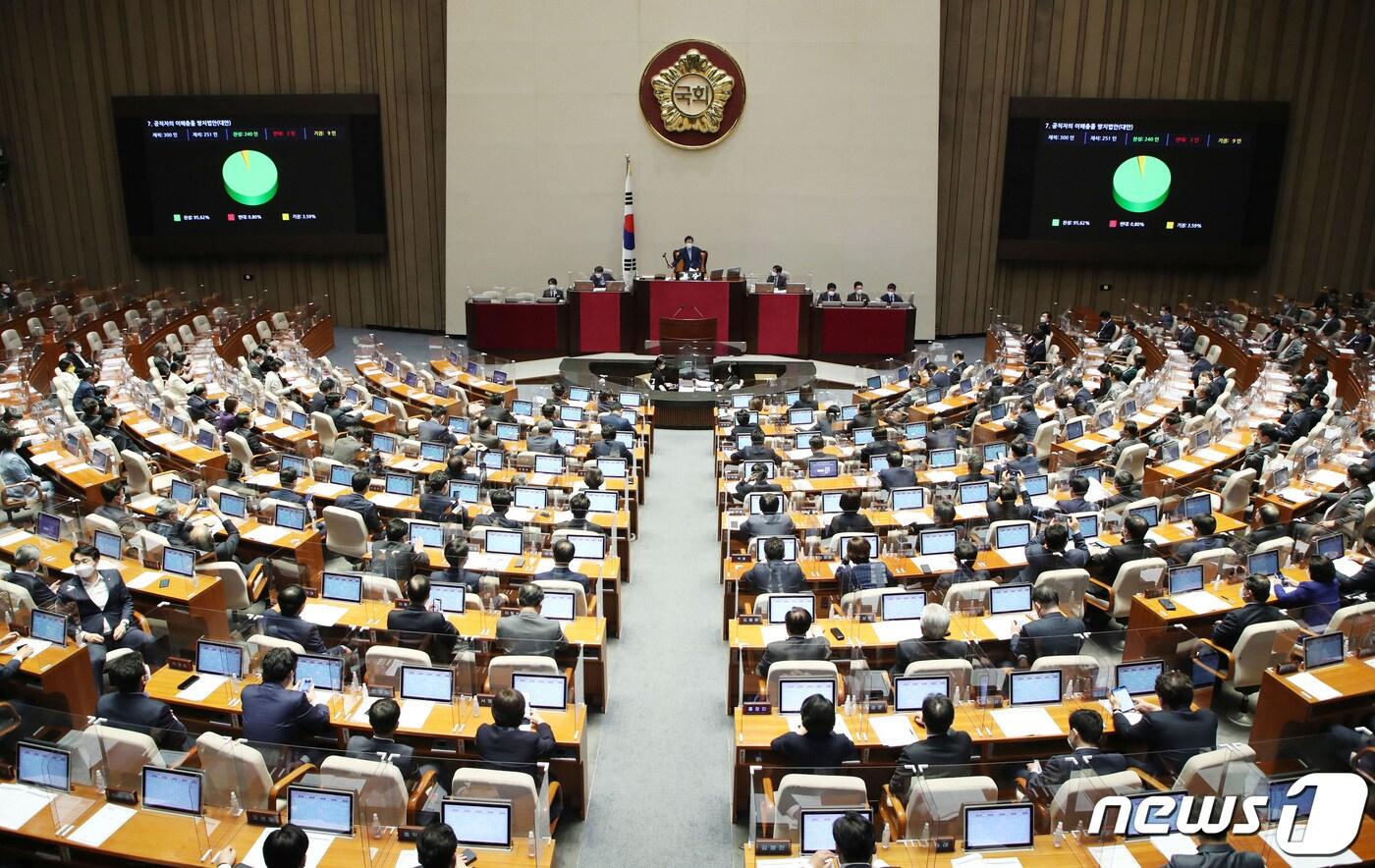 지난 4월29일 오후 서울 여의도 국회 본회의장에서 열린 제386회 국회&#40;임시회&#41; 제4차 본회의에서 공직자 이해충돌방지법이 통과되고 있다. 2021.4.29/뉴스1 ⓒ News1 구윤성 기자