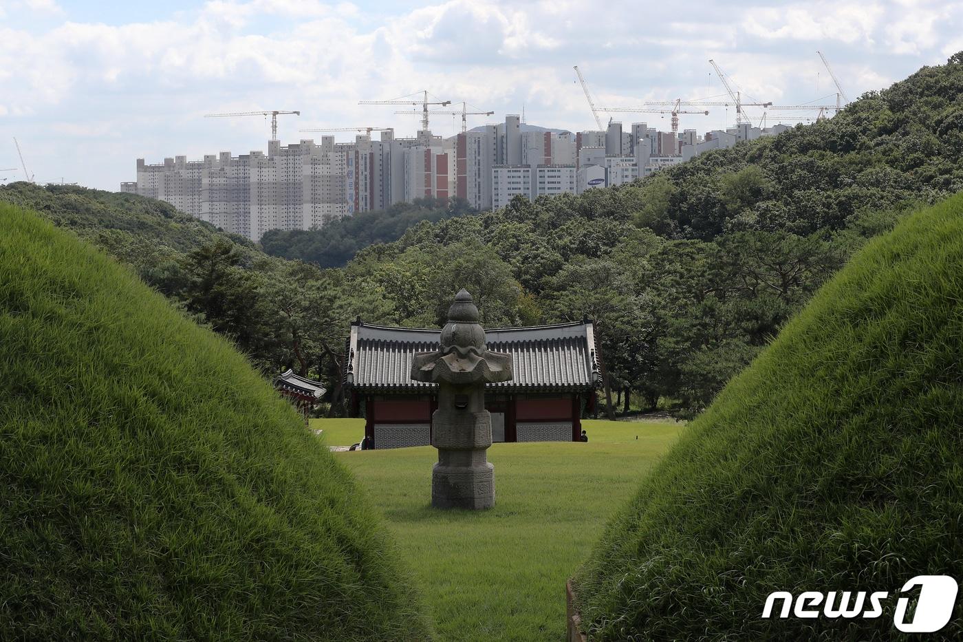 경기도 김포시 풍무동 장릉&#40;사적 제202호&#41;에서 인천 서구 검단신도시에 짓고 있는 아파트 단지가 보이고 있다. ⓒ News1 박세연 기자