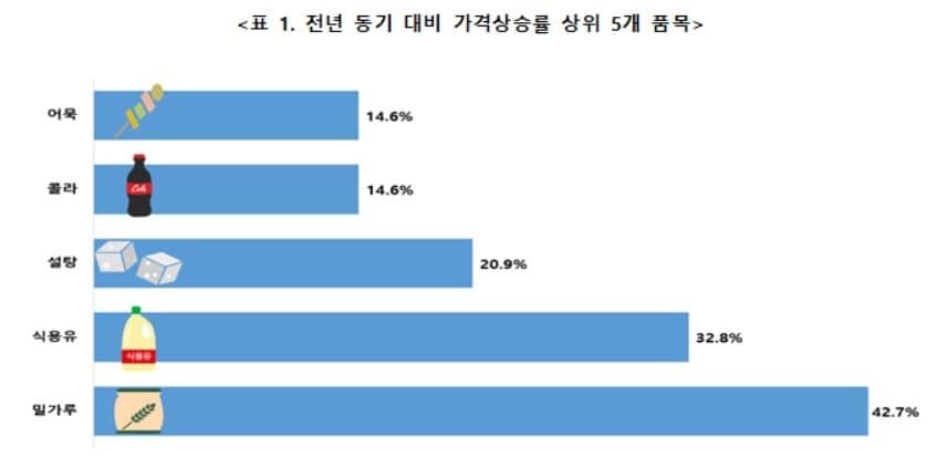 전년 동기 대비 가격상승률 상위 5개 품목&#40;한국소비자단체협의회 물가감시센터 제공&#41;