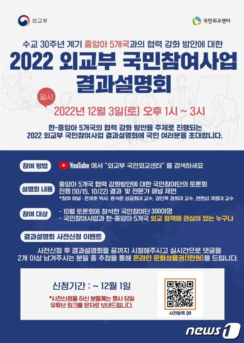 외교부가 다음 달 3일 &#39;수교 30주년 계기 중앙아시아 5개국과의 협력 강화 방안&#39;에 대한 제4차 국민참여사업 대국민 결과 설명회를 개최한다고 29일 밝혔다.