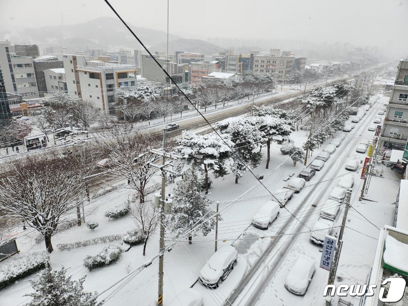 23일 오전 대설특보가 발효된 광주·전남 지역에 전날 밤부터 내린 폭설로 도심 일대가 하얀 눈에 뒤덮여 있다. 2022.12.23/뉴스1 ⓒ News1 김동수 기자