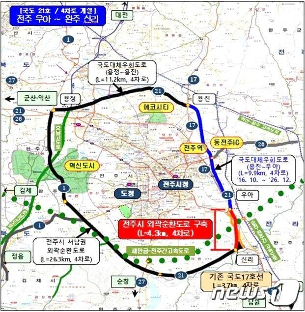 전주시가 우아&#40;색장동&#41;에서 완주 신리까지 4.3㎞ 구간을 자동차전용도로를 별도 건설하는 방안을 추진한다.&#40;전주시 제공&#41;/뉴스1