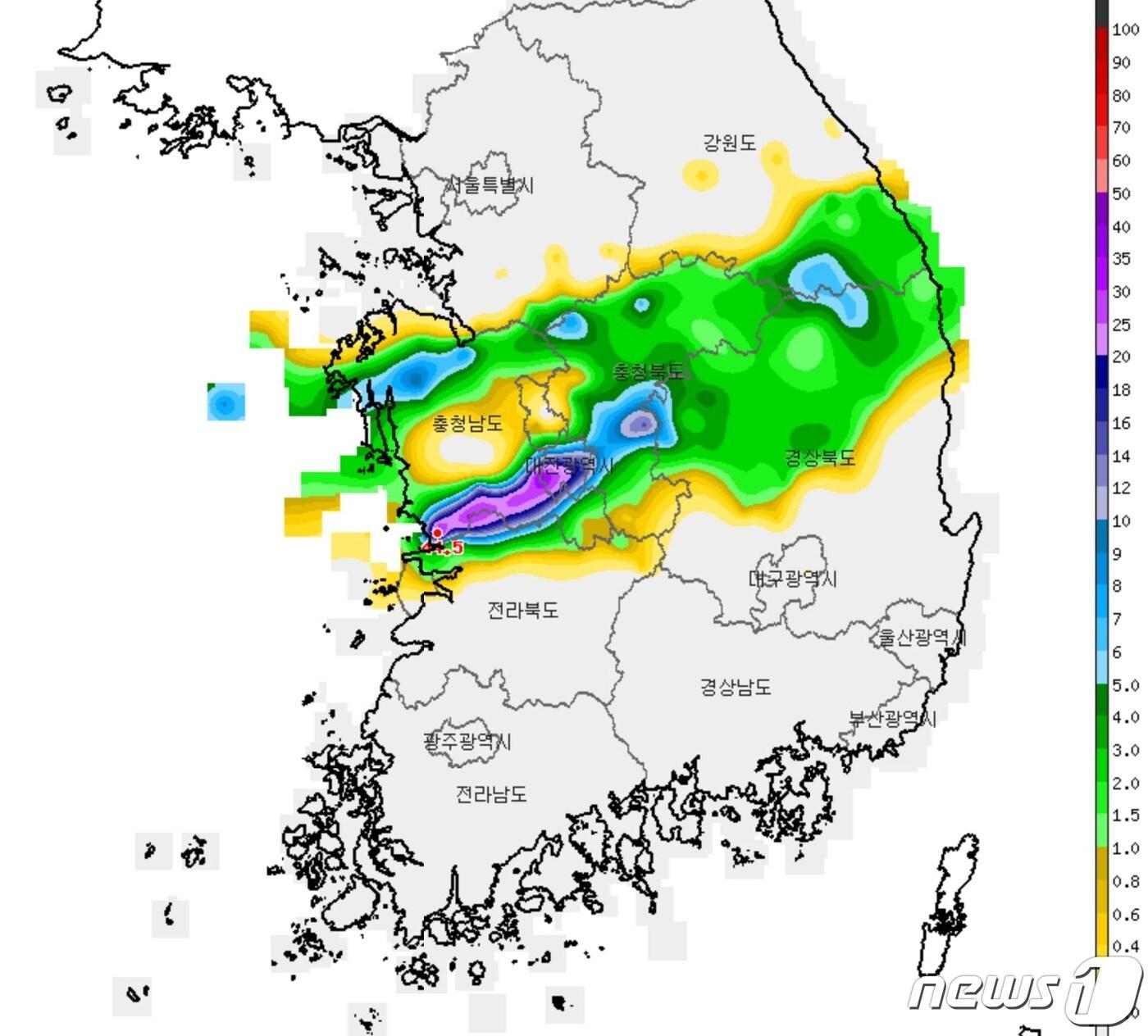 10일 오전 9시 기준 전국 시간당 강수량 분포도&#40;기상청 제공&#41; ⓒ 뉴스1 황덕현 기자