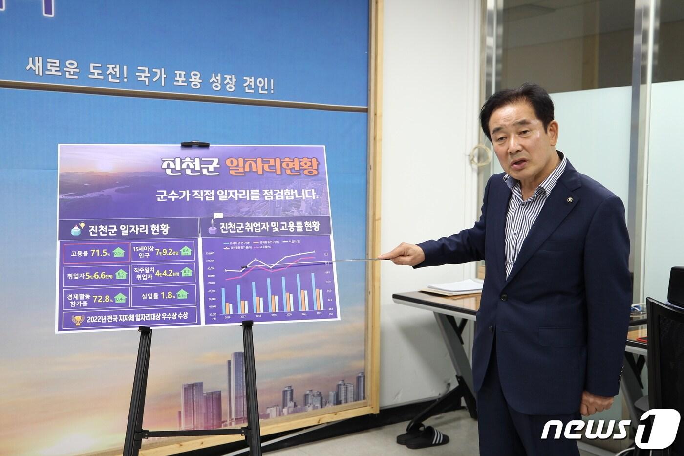 송기섭 충북 진천군수가 29일 통계청 주관 &#39;2022년 상반기 지역별 고용조사&#39; 고용률 부문 역대 최고 기록 달성과 관련해 브리핑을 하고 있다.&#40;진천군 제공&#41;.2022.8.29/