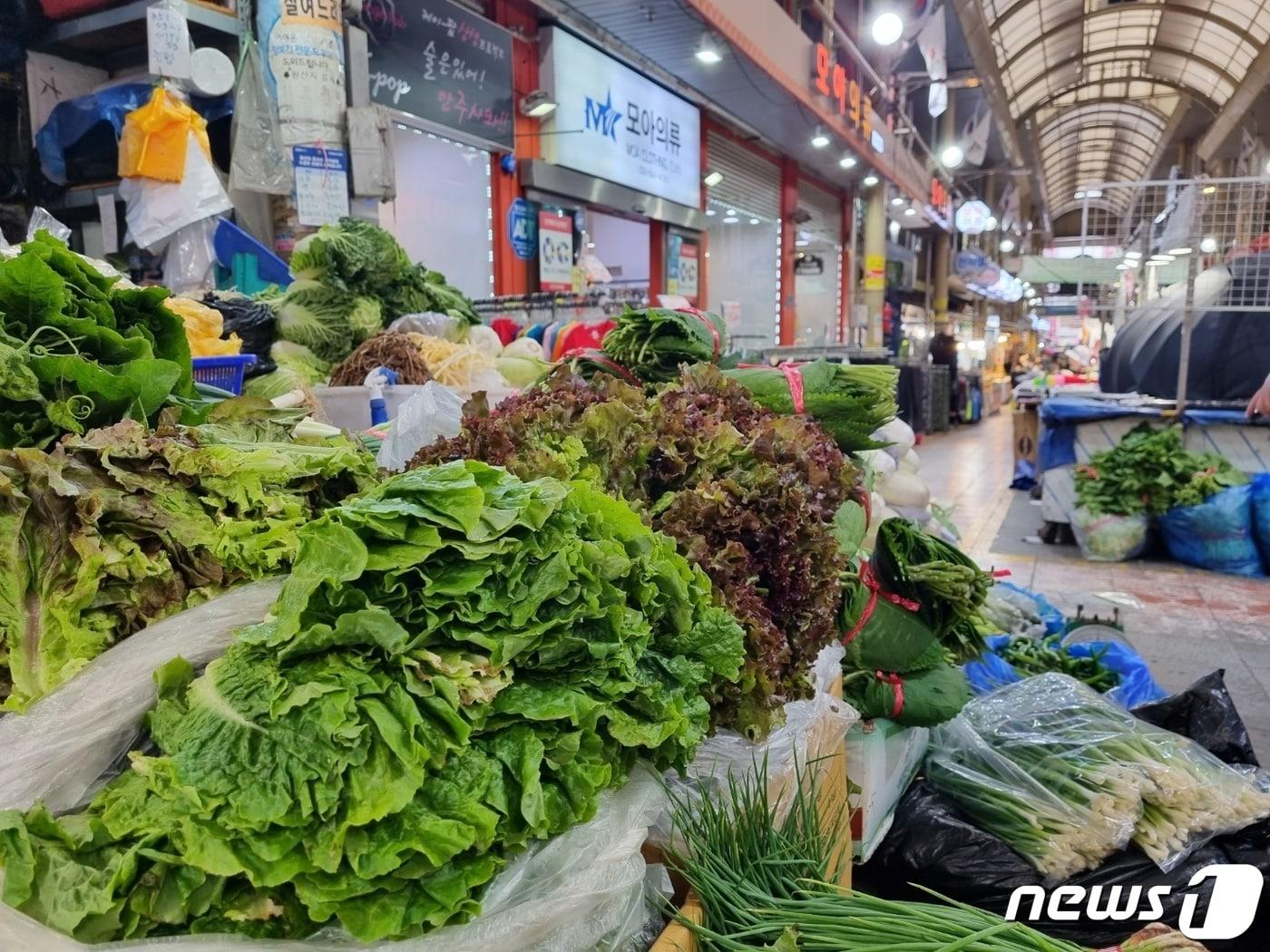 30일 경기 구리시 전통시장에 있는 한 채소 가게. 가득 쌓인 채소 위로 휑한 시장 골목이 보인다. 2022.08.30.ⓒ News1 양희문 기자