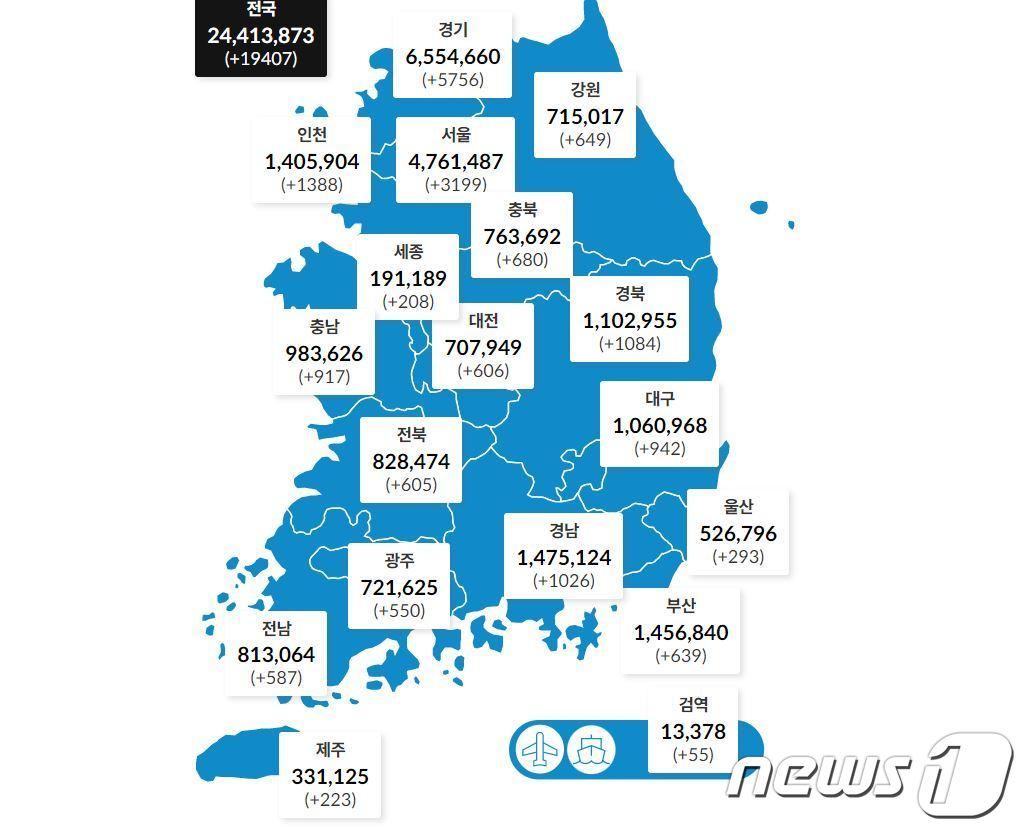 19일 0시 기준 전국 확진자 발생 현황.&#40;질병관리청 제공&#41;