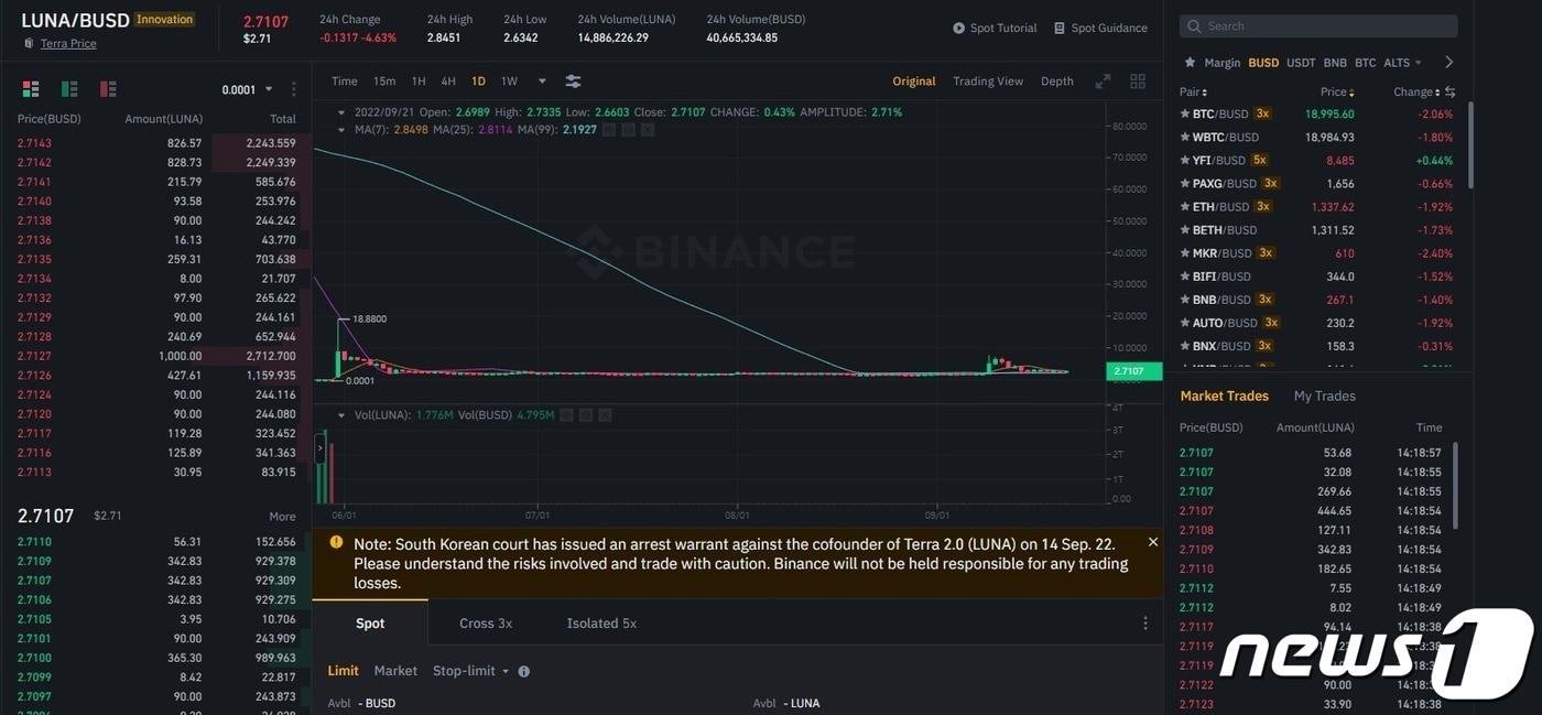 바이낸스 거래소는 21일 루나 코인에 대한 주의 문구를 거래창에 같이 게시했다. &#40;바이낸스 거래창 캡처&#41;