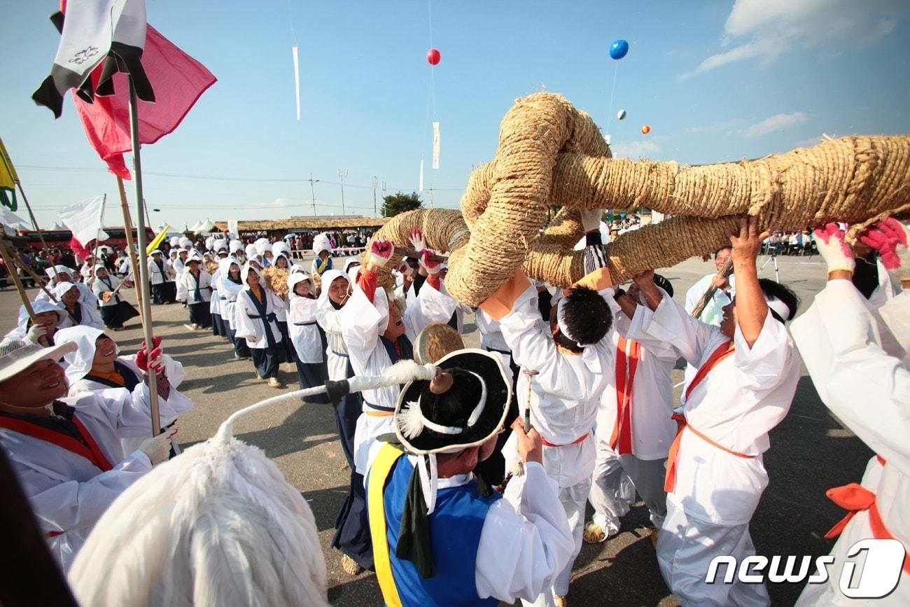 100여 명의 시민이 남·여로 편을 나누어 두께 20㎝의 동아줄을 어깨에 메고 줄을 당기는 &#39;입석줄다리기&#39;가 김제지평선축제기간에 펼쳐진다.&#40;김제시제공&#41; 2022.09.27/뉴스1