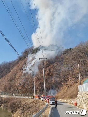 1일 오후 2시쯤 경북 예천군 용궁면의 야산에서 원인 모를 불이 났다. 불은 산림 0.2ha를 태우고 50여분 만에 진화됐다.&#40;산림청 제공&#41;