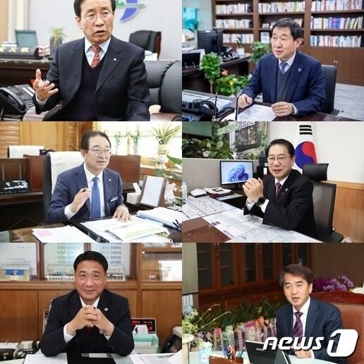  왼쪽 맨위부터 시계방향으로 김문근 단양군수, 이재영 증평군수, 송인헌 괴산군수, 최재형 보은군수, 정영철 영동군수, 황규철 옥천군수 /뉴스1