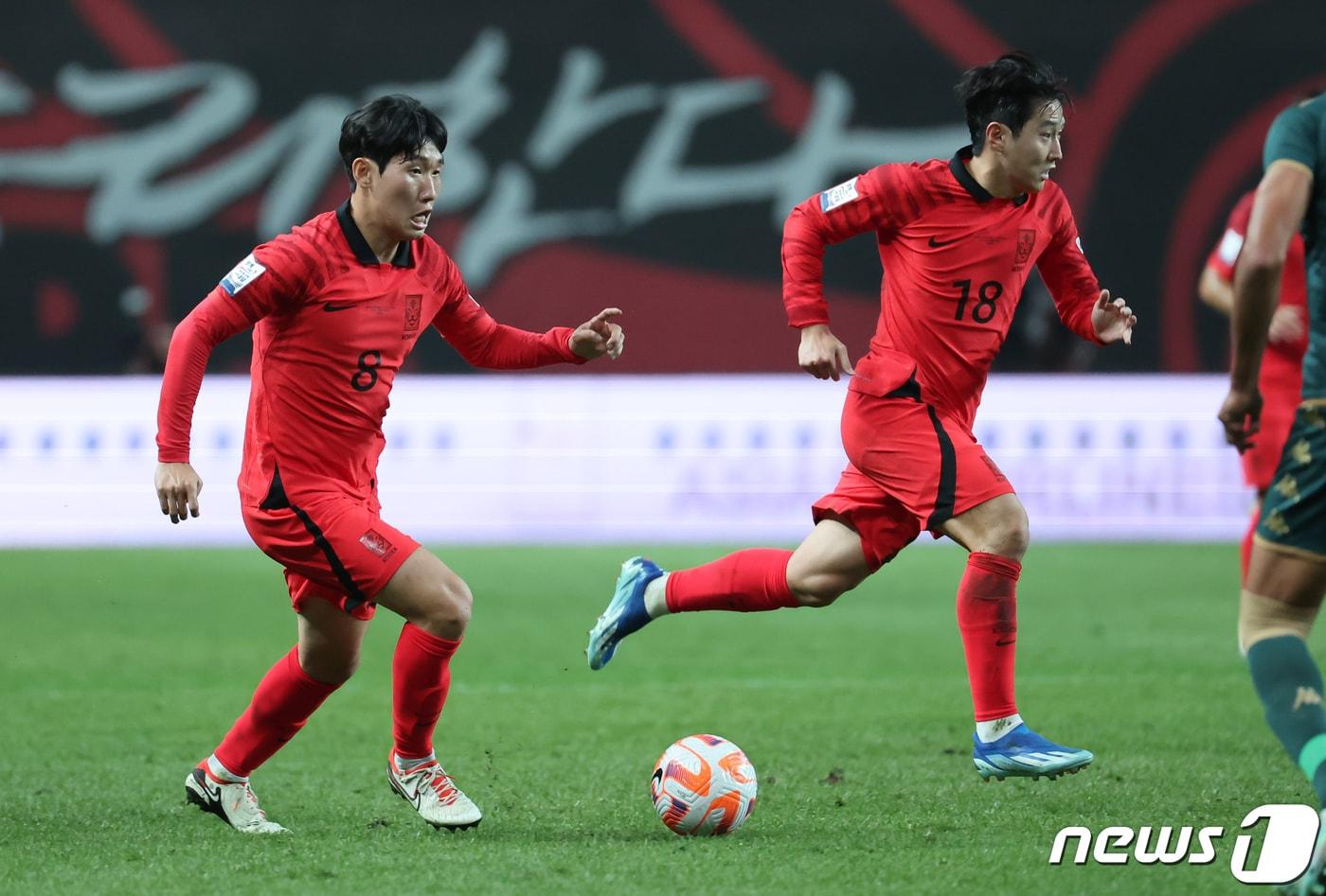 홍현석이 13일 오후 서울 마포구 상암동 서울월드컵경기장에서 열린 축구 국가대표 평가전 대한민국과 튀니지의 경기에서 공격을 하고 있다. 2023.10.13/뉴스1 ⓒ News1 김도우 기자