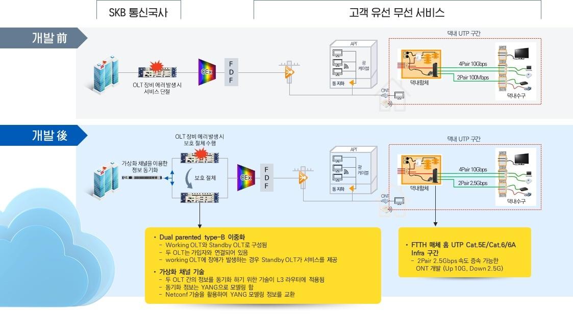 가상화 기반 솔루션 및 홈내 하이브리드형 광트랜시버 개발 전과 후 망 구성도. &#40;SK브로드밴드 제공&#41;