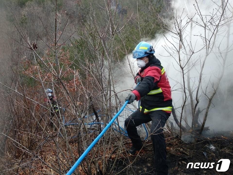 진화대원들이 산불 현장에서 화마와 사투를 벌이고 있다.&#40;산림청 제공&#41;