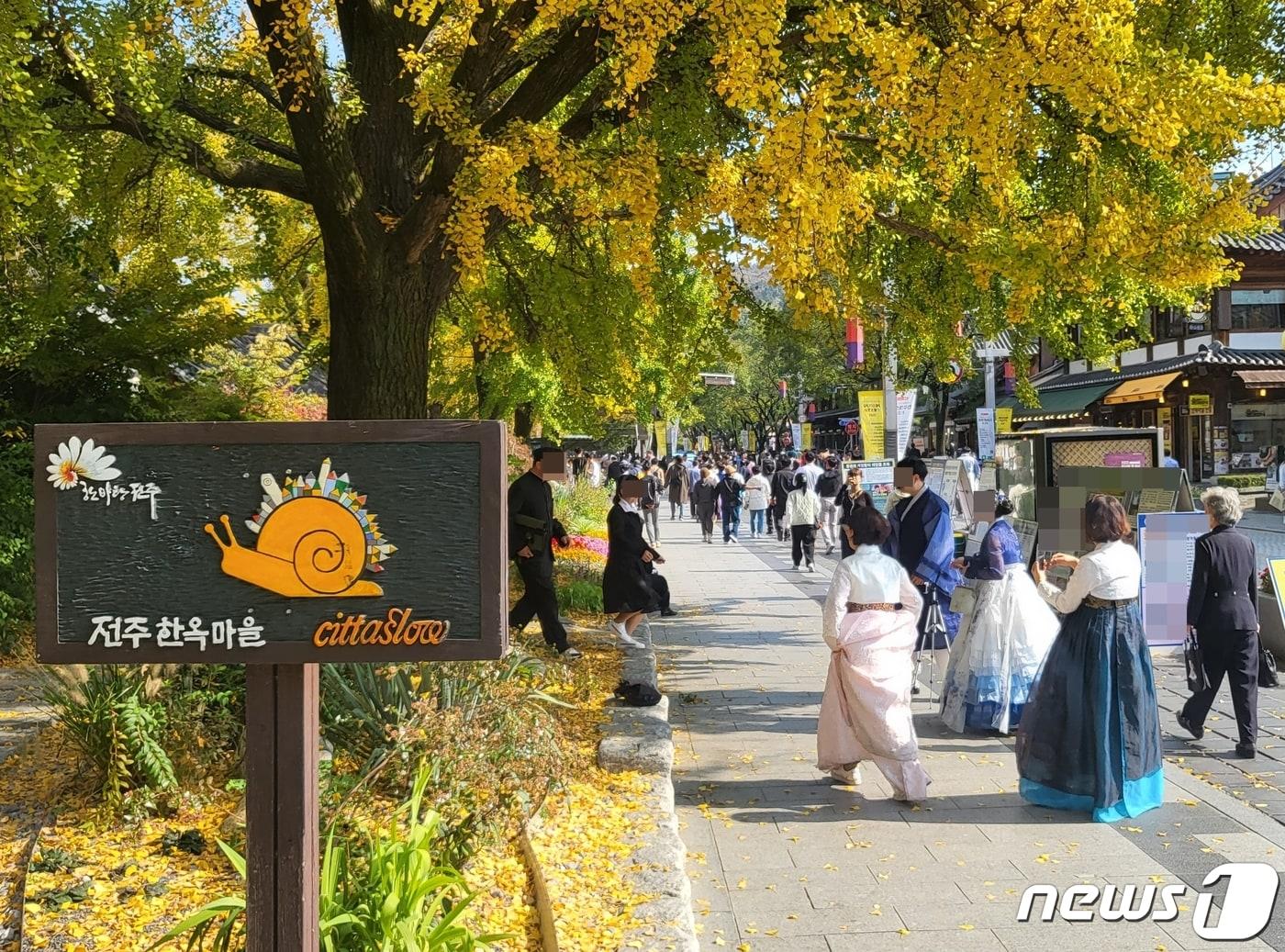 전북 전주한옥마을을 찾은 관광객들이 가을 정취를 만끽하고 있다.2023.10.29/뉴스1 강교현 기자