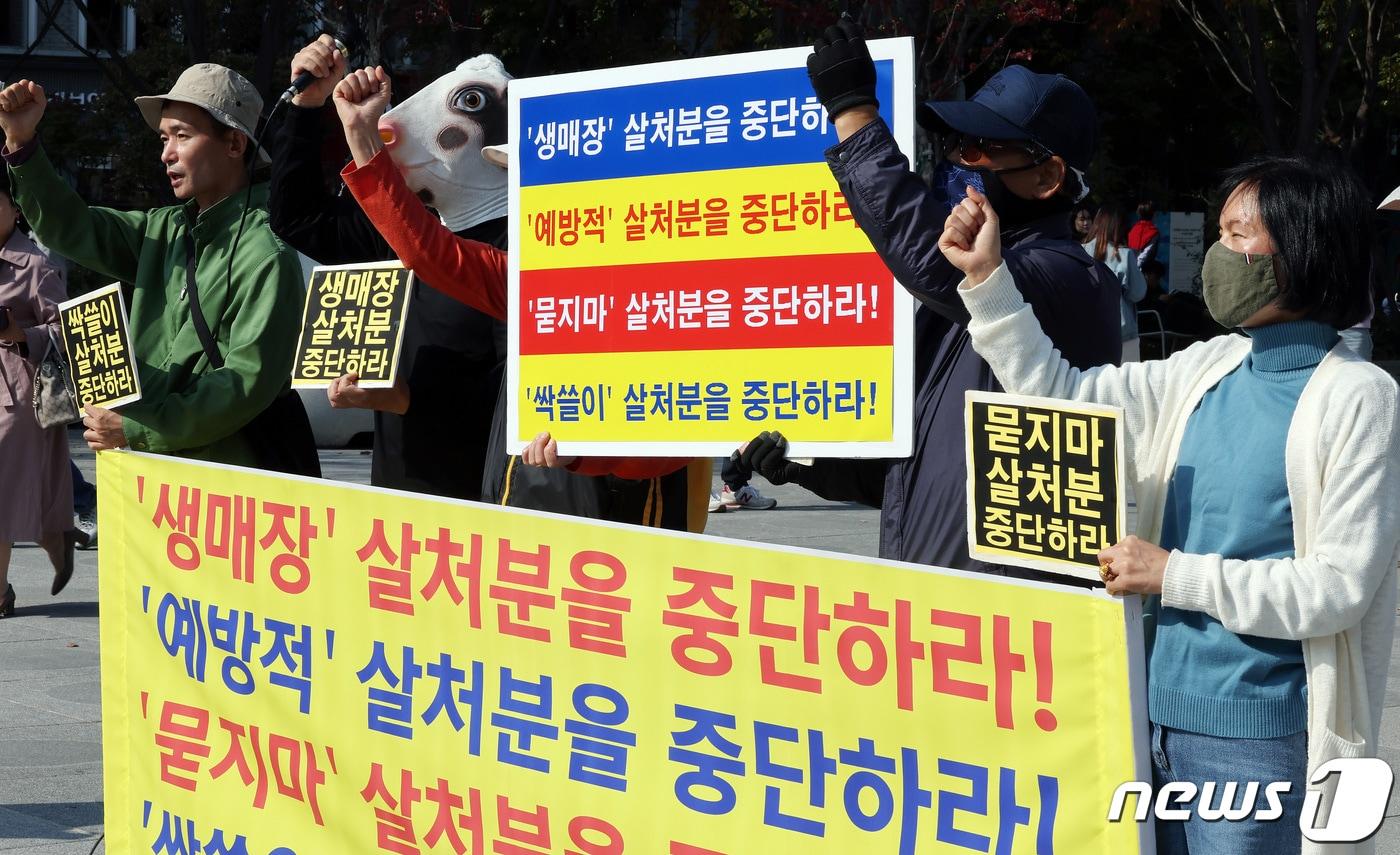 한국동물보호연합 활동가들이 30일 오후 서울 광화문 광장에서 기자회견을 열고 소 전염병 &#39;럼피스킨&#39;의 묻지마 살처분 중단과 부득이한 경우 인도적인 방법으로 처리해줄 것을 촉구하고 있다. 2023.10.30/뉴스1 ⓒ News1 이동해 기자