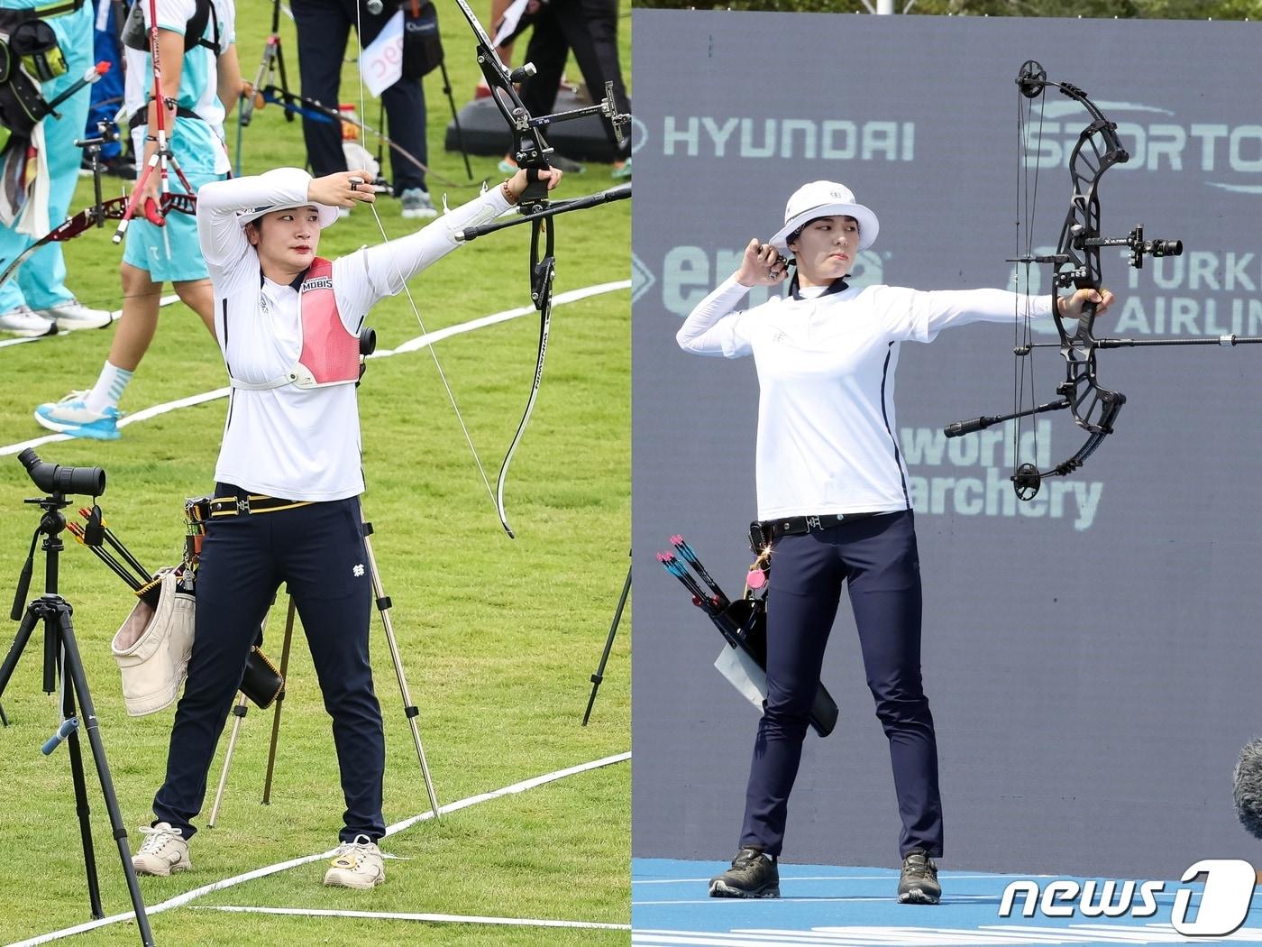 왼쪽은 여자 양궁 리커브 대표팀 강채영이 연습을 하는 모습. 오른쪽은 김윤희 선수가 지난해 &#39;2022 현대양궁월드컵&#39;에서 컴파운드 활 시위를 당기는 모습. ⓒ News1 DB