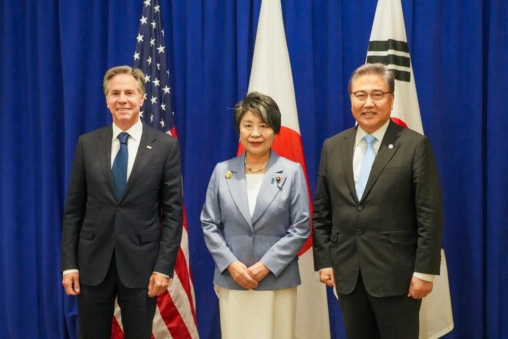 왼쪽부터 토니 블링컨 미국 국무장관, 가미카와 요코 일본 외무상, 박진 외교부 장관. &#40;외교부 제공&#41;