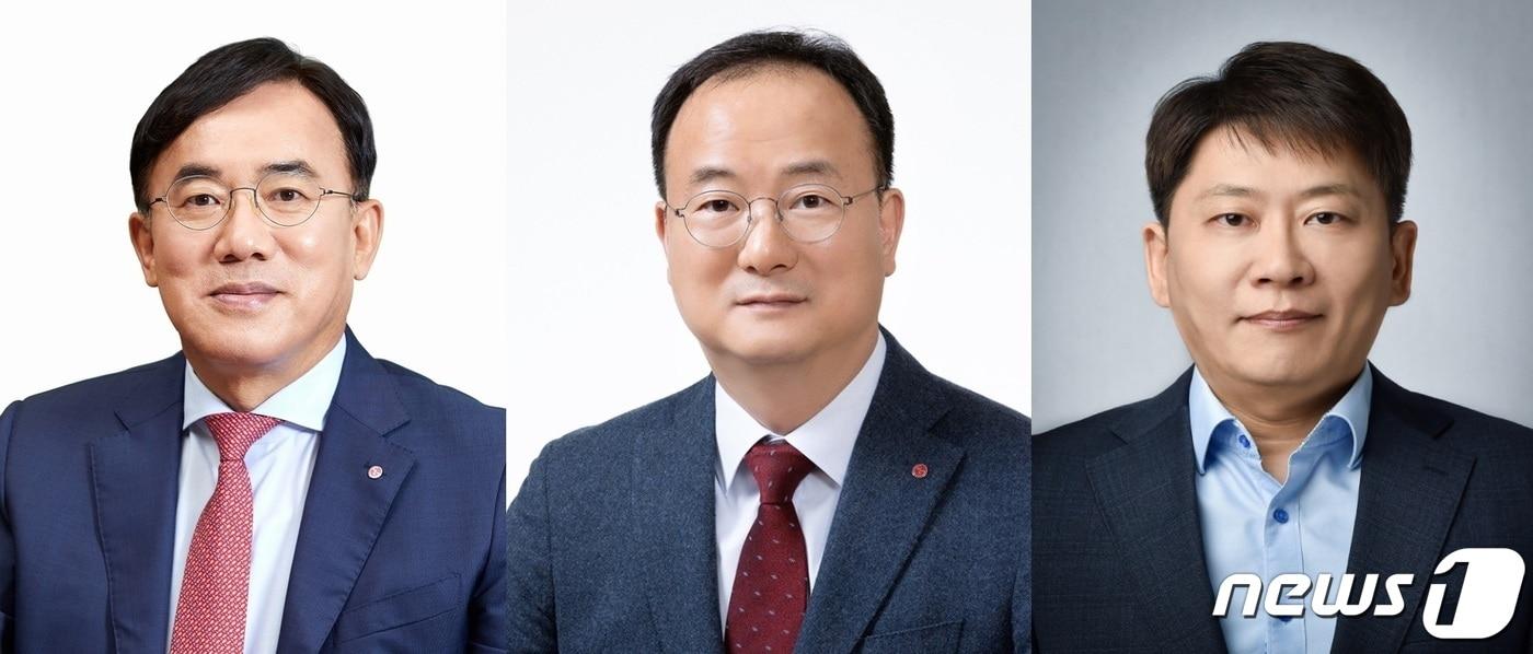왼쪽부터 정철동 LG디스플레이 신임 사장, 문혁수 LG이노텍 신임 CEO, 김동명 LG에너지솔루션 신임 사장