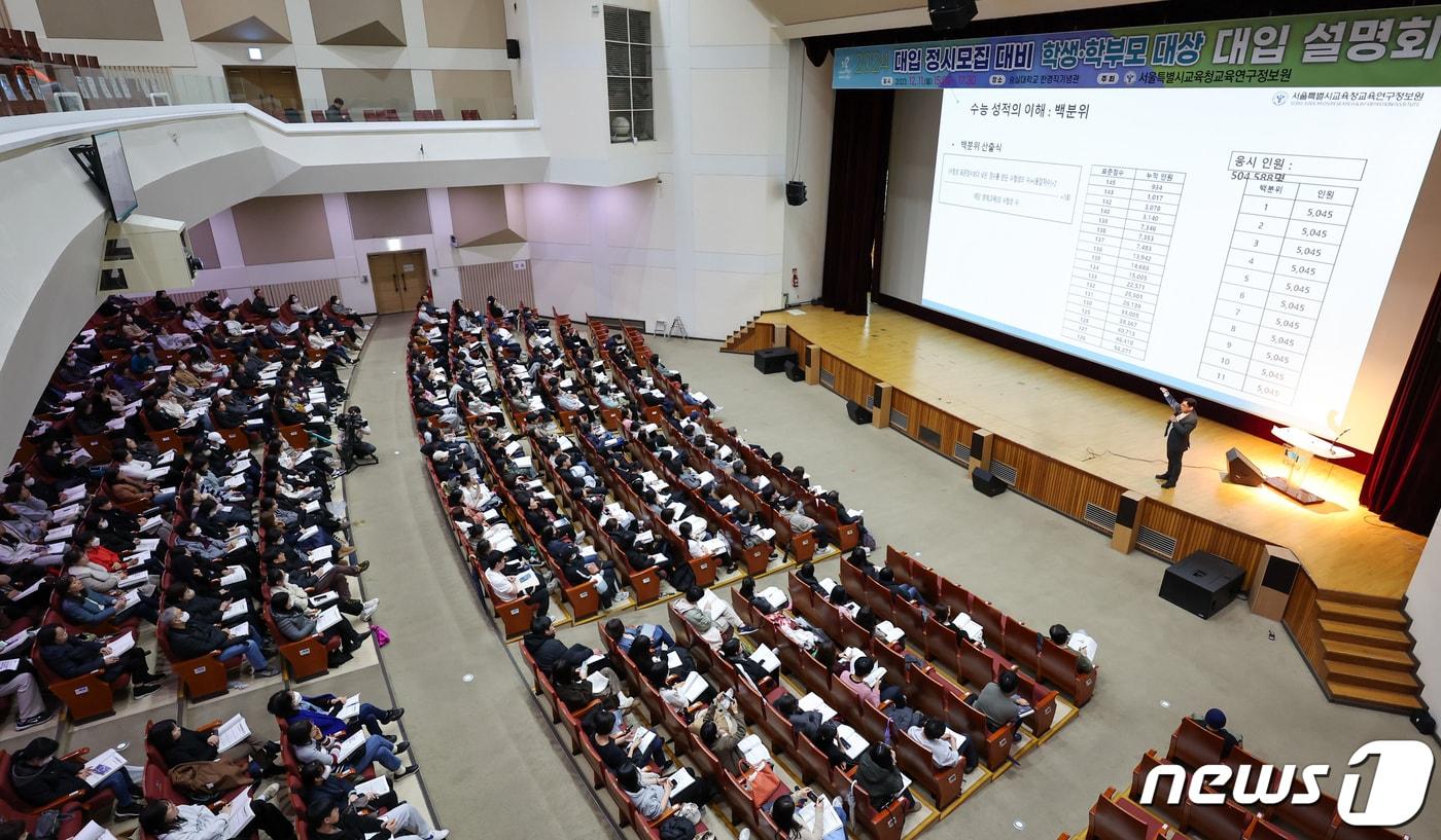 지난해 12월 11일 오후 서울 동작구 숭실대학교에서 열린 서울특별시교육청 주최 &#39;2024 대입 정시모집 대비 대입 설명회&#39;에서 학생과 학부모들이 설명회를 듣고 있다. /뉴스1 ⓒ News1 김도우 기자