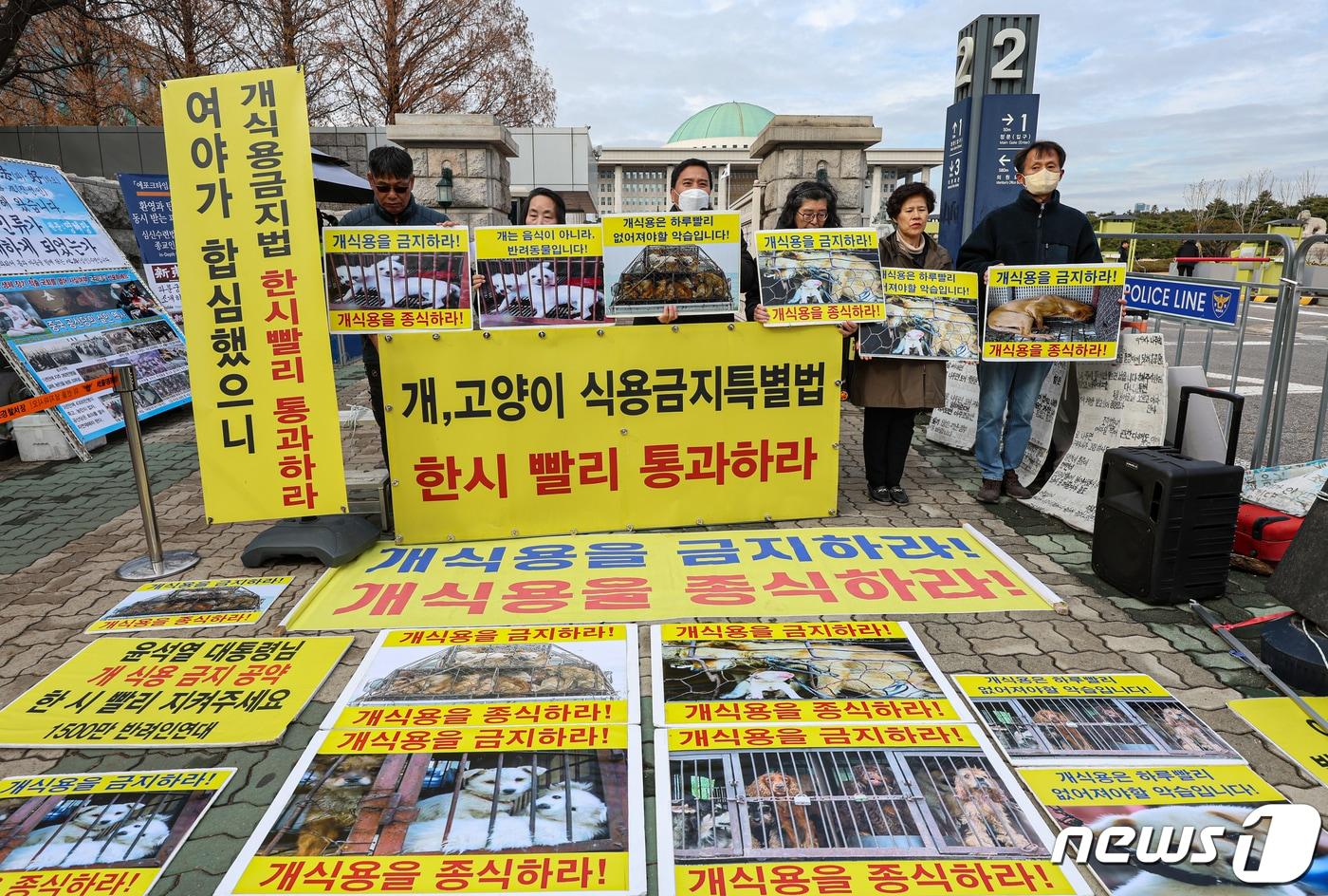 한국동물보호연합 회원들이 서울 영등포구 국회 앞에서 &#39;개식용 금지법&#39; 국회 농해수위 법안 소위 통과를 환영하는 기자회견을 하고 있다. 2023.12.13/뉴스1 ⓒ News1 김도우 기자