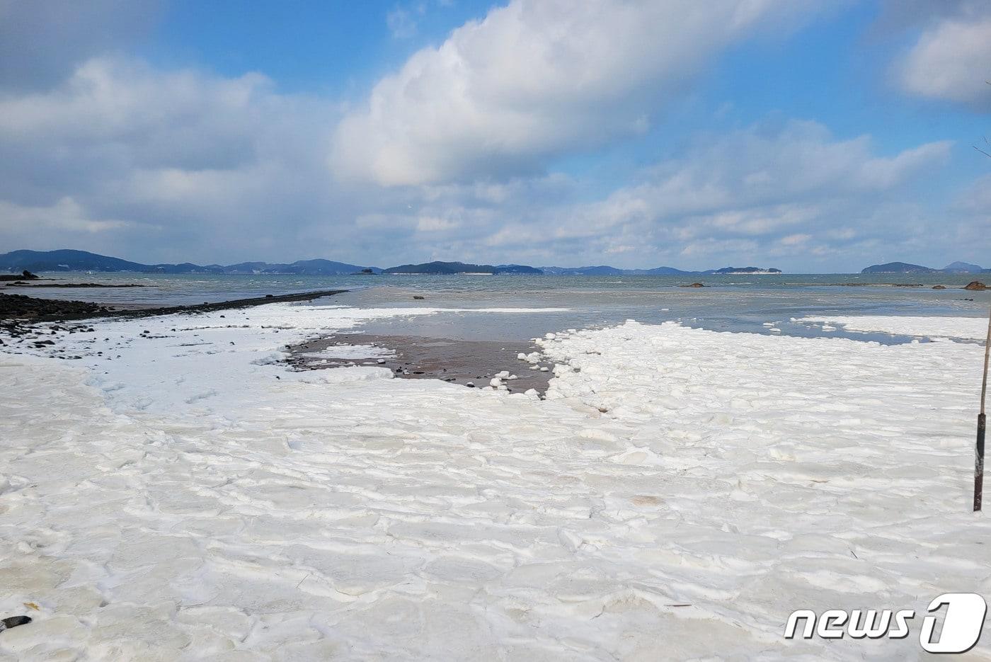 한파주의보가 발령된 22일 충남 서산 가로림만 바다가 얼어붙어 있다. &#40;서산시 제공&#41; 2023.12.22/뉴스1 ⓒ News1 김기태 기자