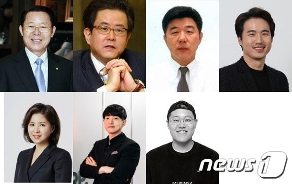 용띠 CEO들. &#40;시계방향으로&#41;박성철 신원 회장, 채동석 애경그룹 부회장, 구본진 LF네트웍스 대표, 김익환 한세실업 부회장, 한문일 무신사 대표, 김병훈 에이피알 대표, 윤여원 콜마비앤에이치 대표.&#40;각사제공&#41;