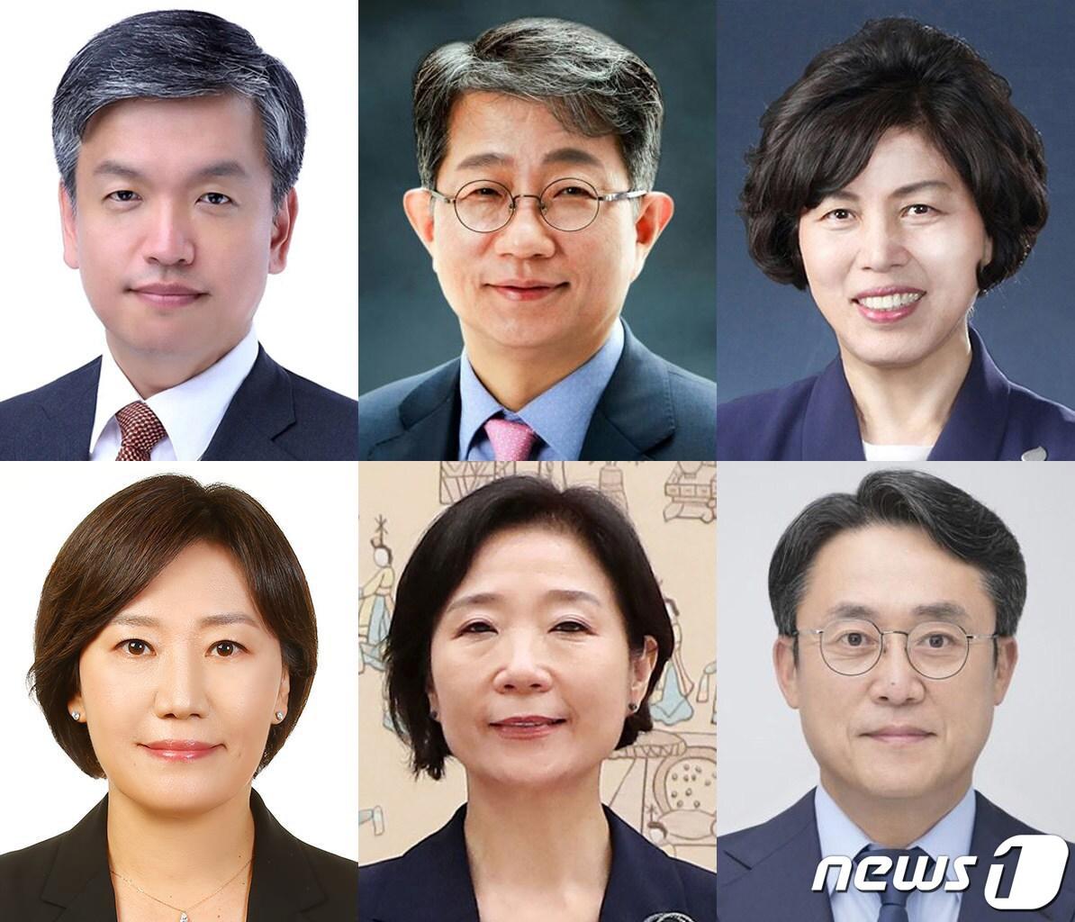 윤석열 대통령이 4일 6명의 장관을 교체하는 부분 개각을 단행했다. 윗줄 왼쪽부터 경제부총리 겸 기재부 장관에 지명된 최상목 전 대통령실 경제수석, 국토부 장관에 박상우 전 한국토지주택공사&#40;LH&#41; 사장, 보훈부 장관에 강정애 전 숙명여대 총장. 아랫줄 왼쪽부터 농식품부 장관에 발탁된 송미령 전 한국농촌경제연구원 부원장, 중기부 장관에 오영주 외교부 현 2차관, 해수부 장관에 강도형 해양과학기술원장. &#40;대통령실 제공&#41; 2023.12.4/뉴스1