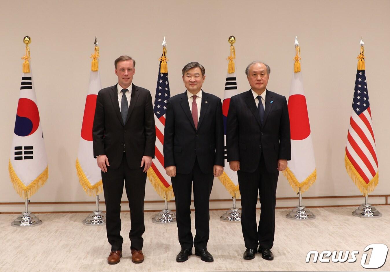 왼쪽부터 제이크 설리번 미국 백악관 국가안보보좌관, 조태용 국가안보실장, 아키바 다케오 일본 국가안전보장국장. &#40;대통령실 제공&#41; 2023.12.9/뉴스1 ⓒ News1 오대일 기자