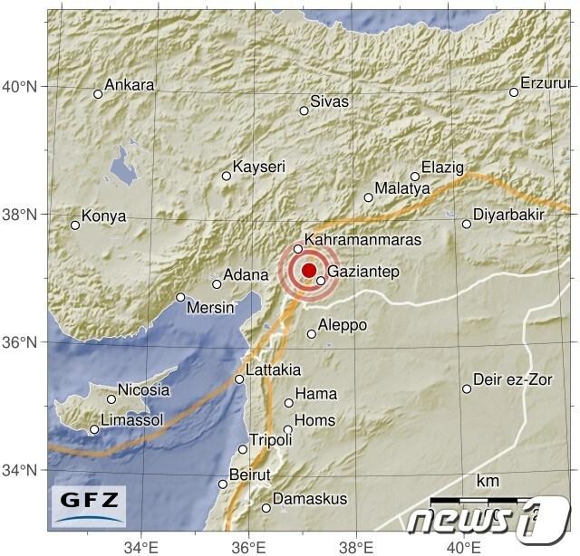 튀르키예&#40;터키&#41; 남부 시리아와의 접경지 인근에서 규모 7.4 강진이 발생했다. &lt;출처=독일 지질연구센터&gt;