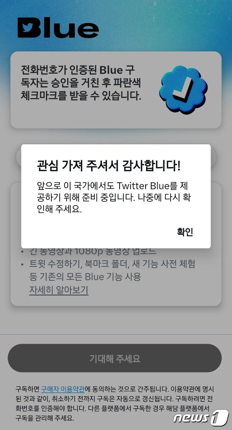 트위터 프로필 하단에 새로 생긴 &#39;Twitter Blue&#39; 탭을 클릭하면 생기는 화면 &#40;트위터 화면 갈무리&#41;