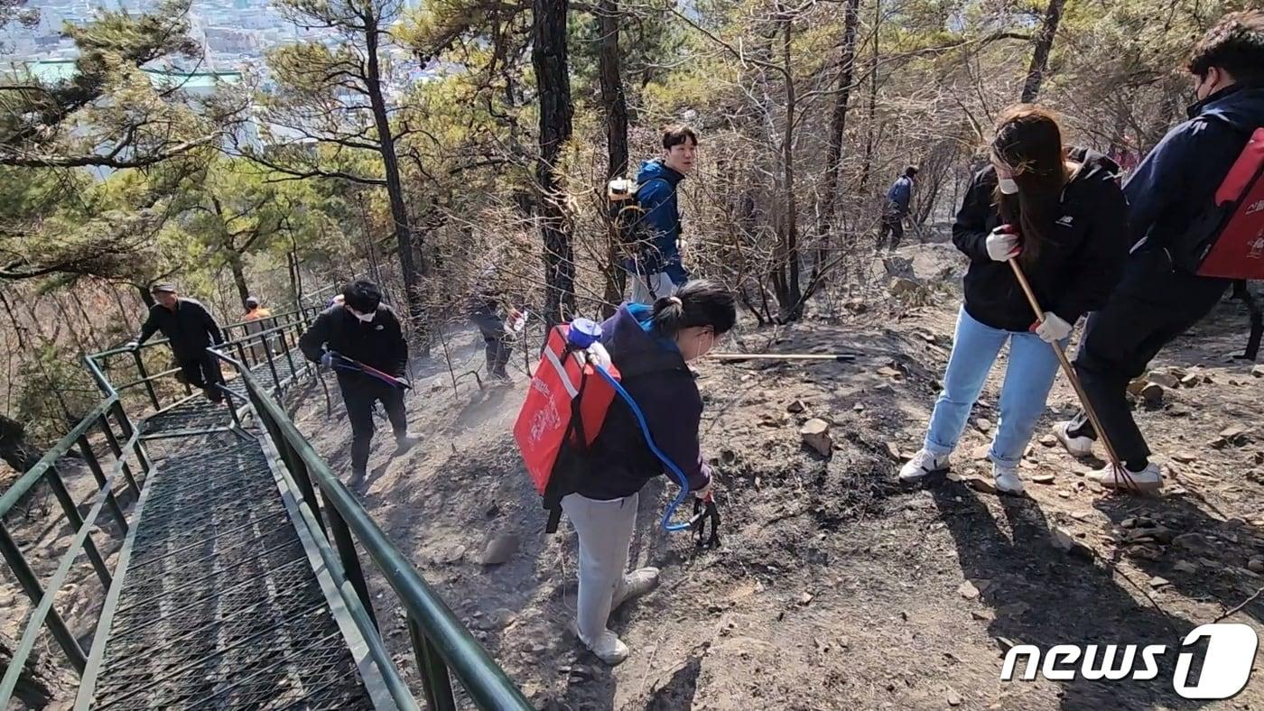 지난 18일 예산읍 금오산에서 산불이 나 공무원들이 잔불 정리를 하고 있다.&#40;예산군 제공&#41; /뉴스1