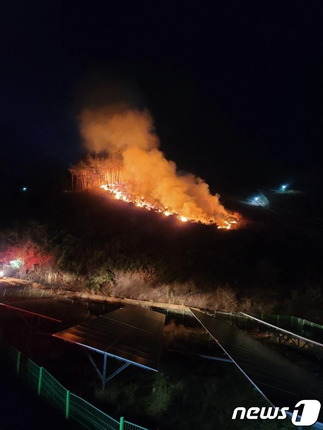 2일 오후 9시 48분쯤 경남 하동군 양보면 지례리 야산에서 불이나 1시간 31분 만에 진화됐다. 사진은 화재 현장 모습.&#40;산림청 중앙산불방지대책본부 제공&#41;2023.03.02/뉴스1 ⓒ News1