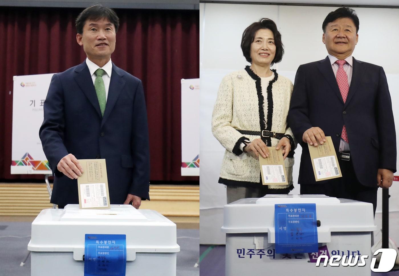 4·5 울산교육감 보궐선거에 출마한 천창수 후보, 김주홍 후보 내외가 사전투표 첫날인 31일 오전 울산 남구청 6층 대강당과 남구 신정2동행정복지센터에 마련된 투표소에서 각각 투표를 하고 있다. 2023.3.31/뉴스1 ⓒ News1 조민주 기자