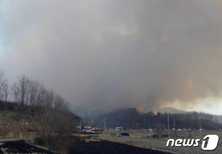 2일 오전 11시19분께 충남 당진시 대호지면 사성리 산 166 일원에서 발생한 산불에 대해 산불 2단계가 발령됐다.&#40;산림청 제공&#41;