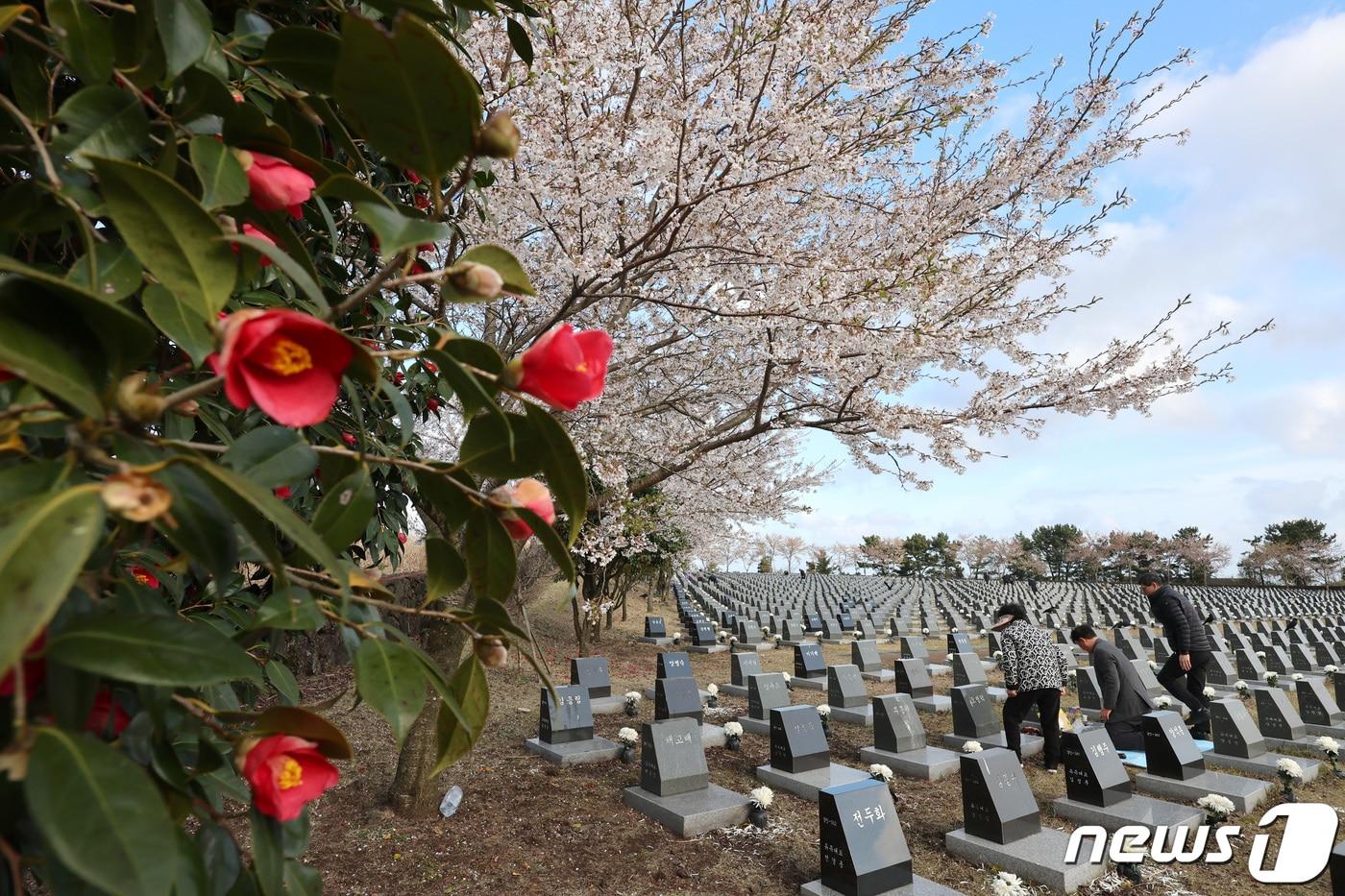 2023년 4월3일 제75주년 4·3추념식 봉행에 앞서 제주시 봉개동 제주4·3평화공원 행방불명인 묘역에서 유족들이 희생자의 넋을 기리고 있다. &#40;제주도사진기자회&#41; 2023.4.3/뉴스1