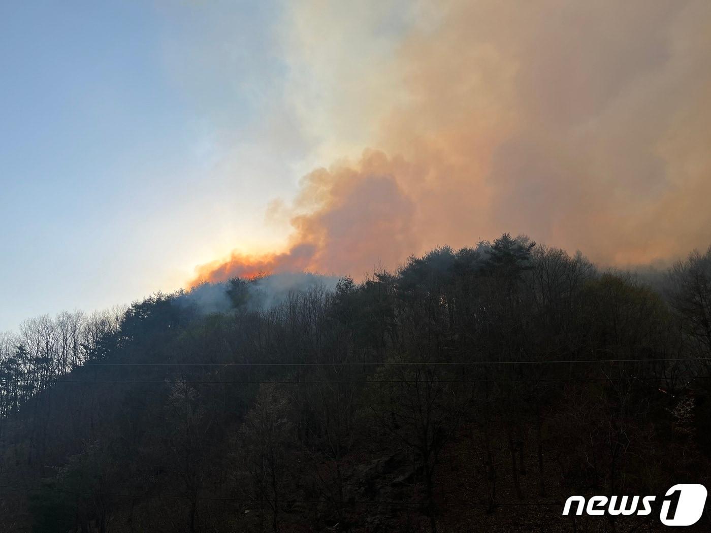 3일 오후 2시15분쯤 경북 영주시 평은면 박달산에서 원인을 알 수 없는 화재가 발생해 소방과 산림당국이 진화 중이다.&#40;경북소방본부 제공&#41;/뉴스1