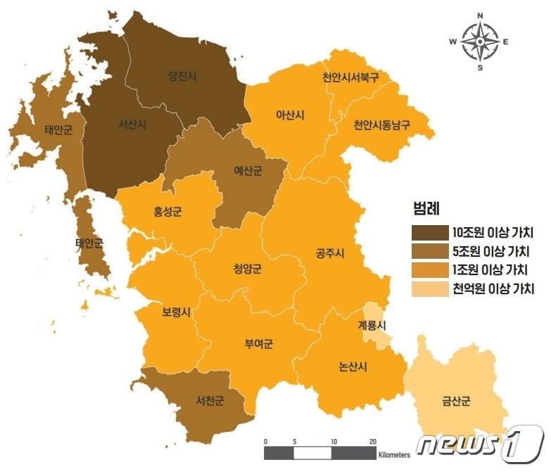 충남 시군별 최소보전논습지 가치&#40;충남연구원 제공&#41;/뉴스1