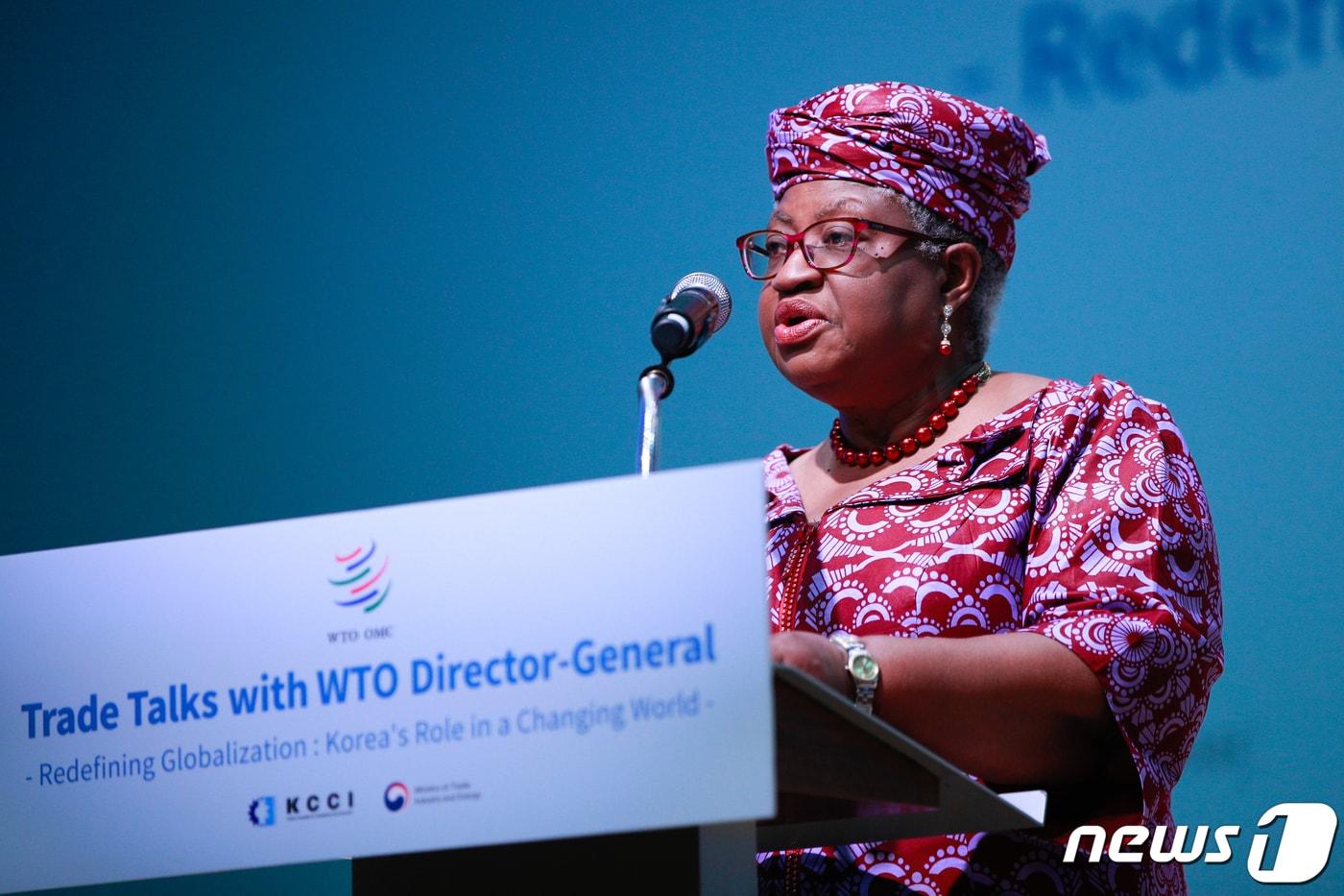 응고지 오콘조-이웰라&#40;Ngozi Okonjo-Iweala&#41; 세계무역기구&#40;WTO&#41; 사무총장이 지난해 5월23일 서울 중구 대한상공회의소에서 &#39;세계화의 재정의: 변화하는 세계 속에서 한국의 역할&#39;을 주제로 기조연설을 하고 있다. 2023.5.23/뉴스1 ⓒ News1 안은나 기자