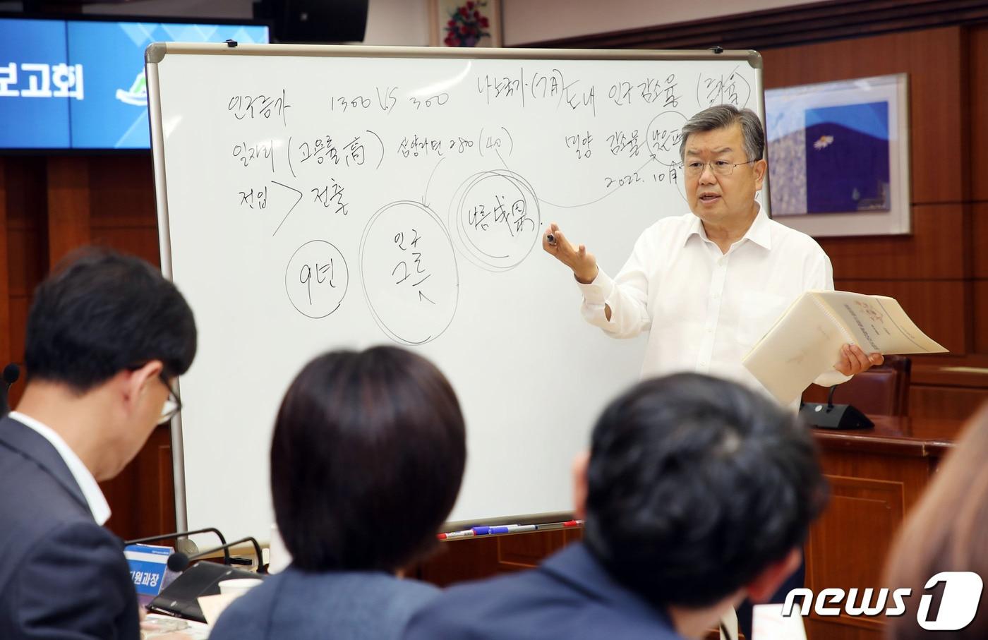 박일호 밀양시장이 23일 ‘인구정책 중장기 종합계획 수립 용역’ 최종보고회를 주관하고 있다.&#40;밀양시 제공&#41;