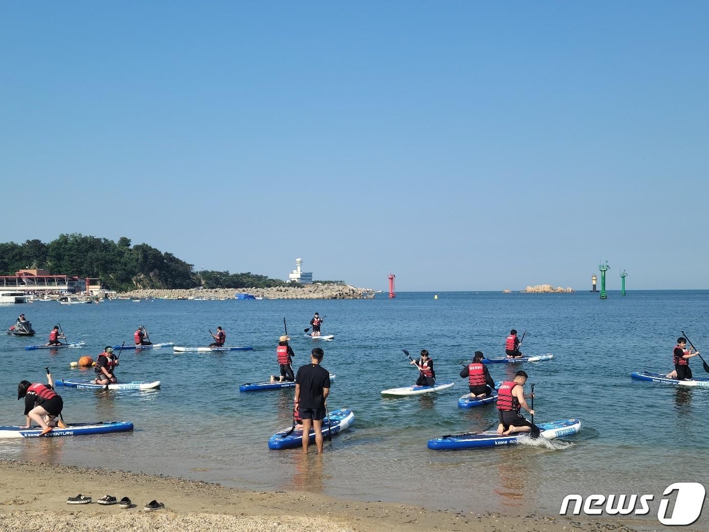 울산 동구는 오는 8월 15일까지 일산해수욕장에서 해양레저스포츠 &#39;패들보드&#39; 무료 체험 교실을 운영한다.&#40;울산동구청제공&#41;