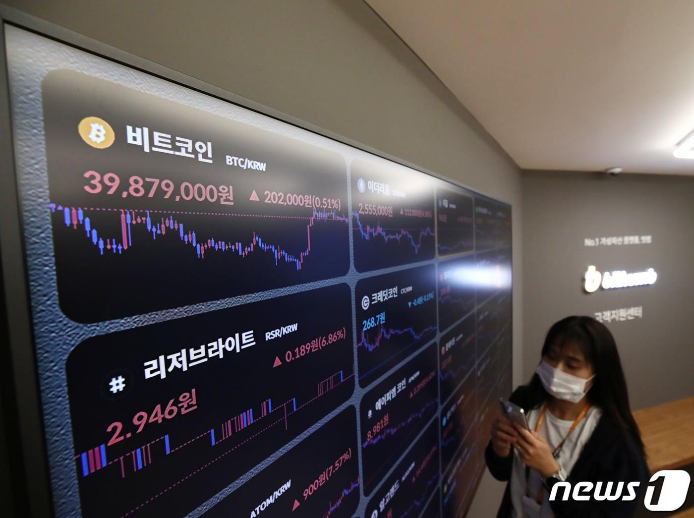 암호화폐 리플&#40;XRP&#41;을 발행하는 리플랩스가 미국 증권거래위원회&#40;SEC&#41;와의 소송에서 일부 승소하면서 리플이 폭등한 14일 서울 강남구 빗썸 고객센터 전광판에 비트코인 시세가 나오고 있다. 2023.7.14/뉴스1 ⓒ News1 김민지 기자