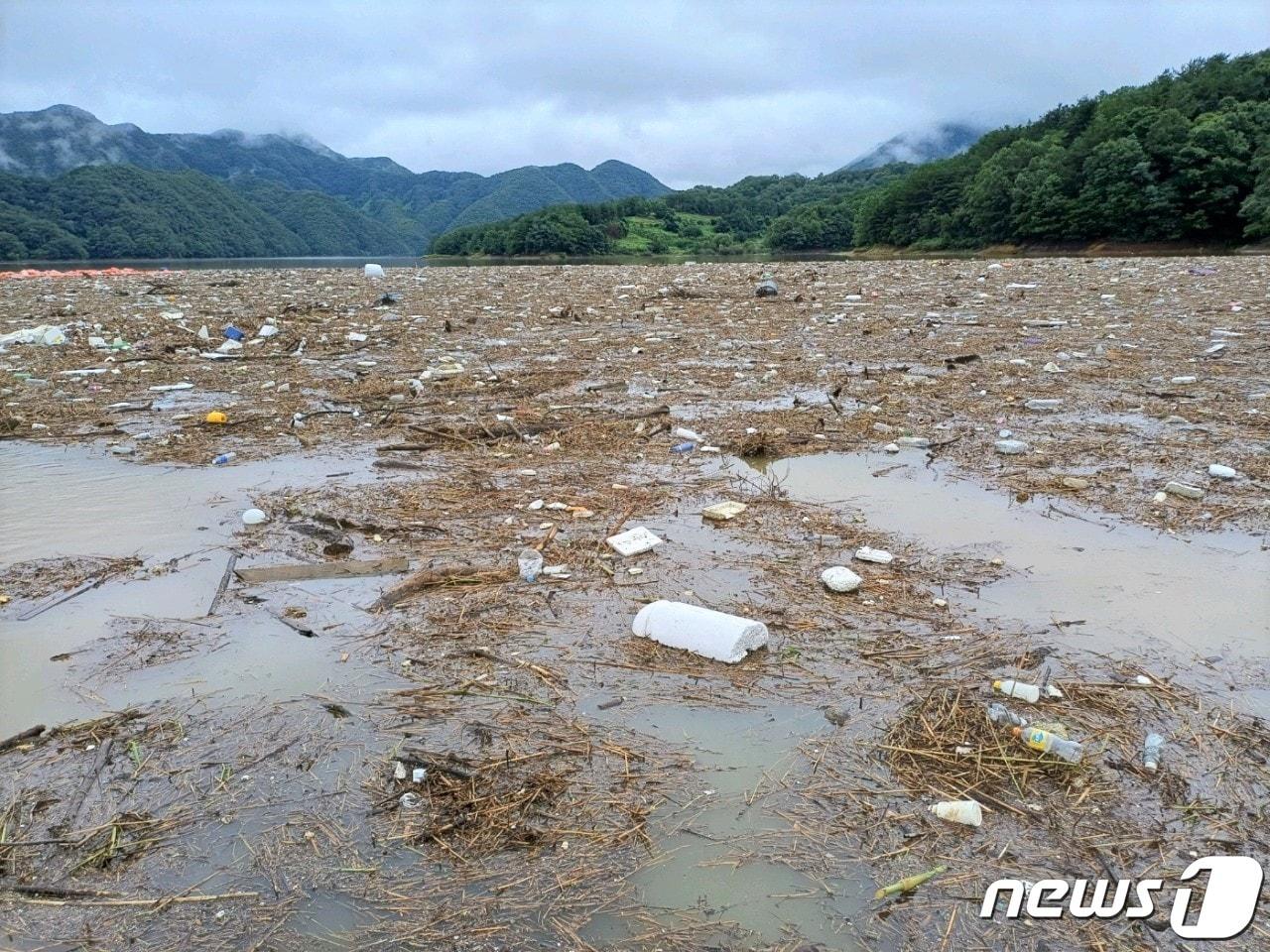 17일 오후 충북 옥천군 군북면 석호리 수역이 각종 쓰레기로 뒤덮여 있다. 최근 내린 장맛비로 이 지역에 3000㎥의 쓰레기와 부유물이 떠내려왔다. &#40;독자 제공&#41; /뉴스1 