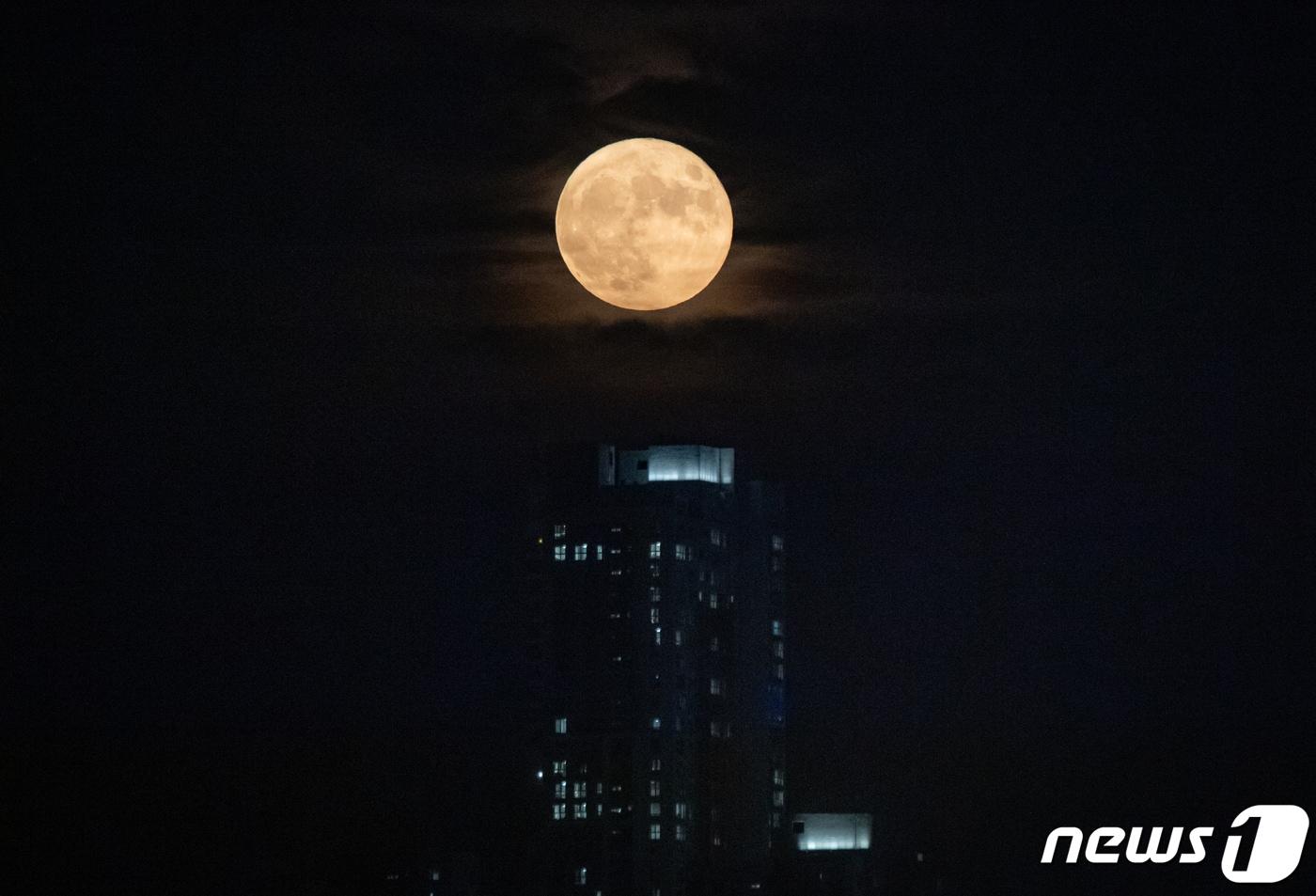 31일 오후 세종시 하늘에 &#39;슈퍼 블루문&#39;이 떠오르고 있다. 슈퍼 블루문은 달이 공전 궤도에서 지구와 가장 가까운 지점에 도달할 때 관측할 수 있는 슈퍼문과 같은 달 안에 두 번째로 뜨는 보름달을 가리키는 블루문을 합친 말이다. 2023.8.31/뉴스1 ⓒ News1 김기남 기자