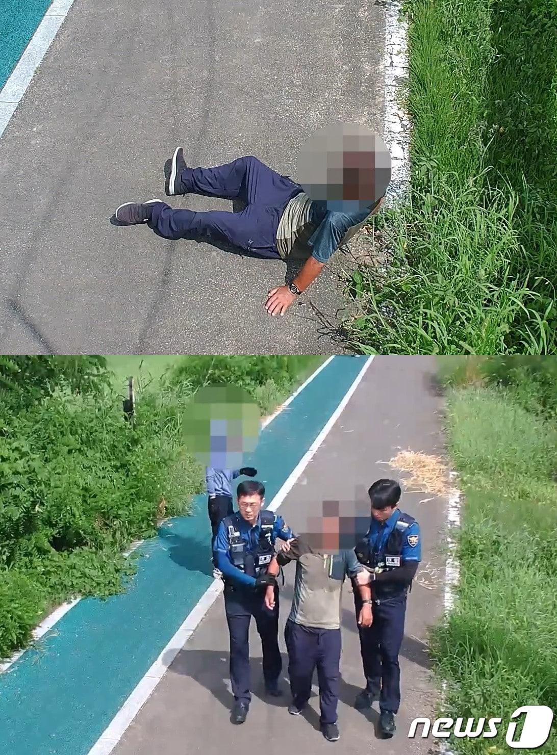 북구 CCTV 통합관제센터 모니터링 중 발견된 폭염 속 주저앉은 노인과 경찰관이 도착해 노인을 부축하는 모습.&#40;울산광역시 북구 제공&#41;