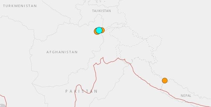 6일 아프가니스탄과 타지키스탄 국경 근처에서 발생한 지진의 발생 지점을 하늘색 점으로 표시한 미 지질조사국의 지도. &#40;출처 : USGS&#41;