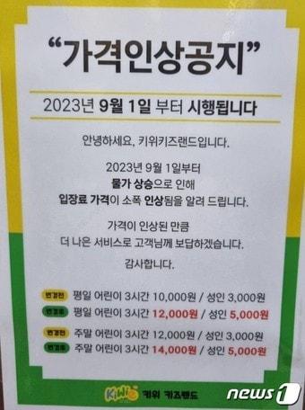 키위키즈랜드 가격 인상 공지문ⓒ 뉴스1 